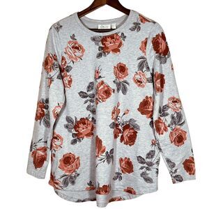 D & Co. Active Shirt‎ Top Women Size M Gray Floral Curved Hem Pockets